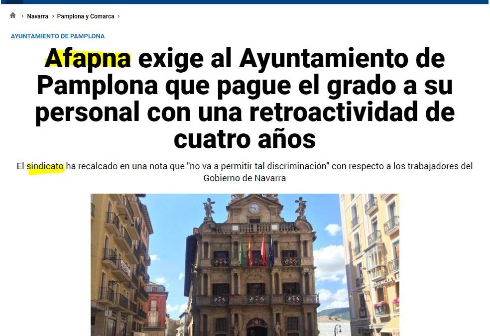 AFAPNA exige al Ayuntamiento de Pamplona que pague el grado a su personal con una retroactividad de cuatro años