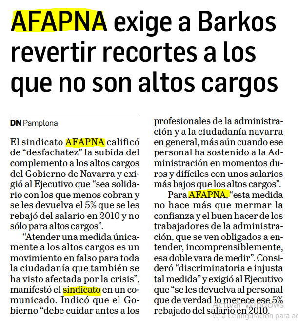 AFAPNA pide que se «devuelva» a los funcionarios «el 5% del salario que les rebajó»