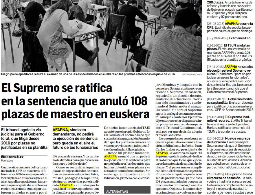 El Supremo se ratifica en la sentencia que anuló 108 plazas de maestro en euskera